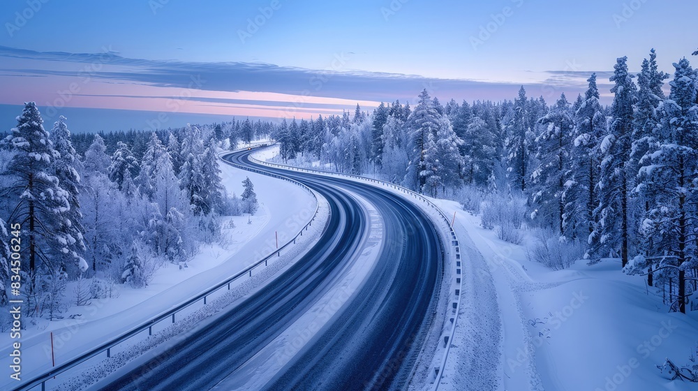 Snowy highway winding through a winter landscape. Dusk sky and snow-covered trees are captured in wide-angle, 70mm focus. Snowy highway winding through a winter landscape. Dusk sky and snow-covered trees are captured in wide-angle, 70mm focus.