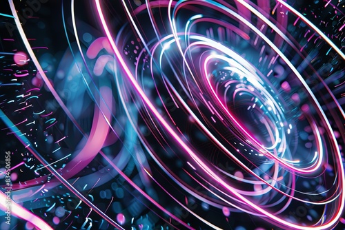 Employ the image as a foundational element in digital artworks, design projects, and visual compositions. The vibrant luminous lines and swirling circles lend a high - tech touch to any creation.