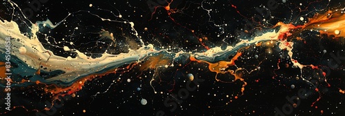 A space landscape, with waves, lines and objects, dark and orange contrasting shades. Ultra-wide. Banner, poster, background, postcard. Copy space.