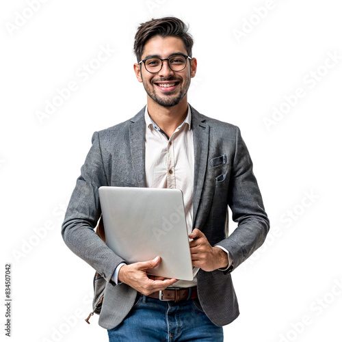 A young man wearing glasses and a business suit is holding a laptop and smiling,  isolated on white or transparent png background