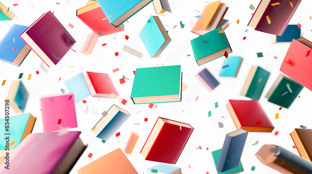Colorful books float in the air surrounded by confetti against a white background. Bright covers and movement create a sense of celebration and magic Colorful books float in the air surrounded by confetti against a white background. Bright covers and movement create a sense of celebration and magic