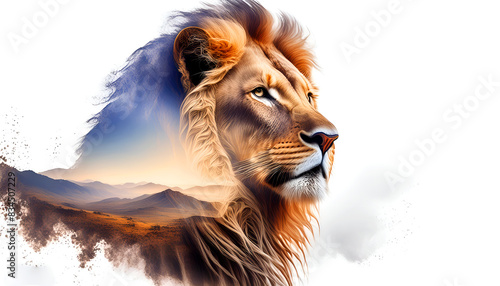 Creative photo poster with double exposure with icon of lion 