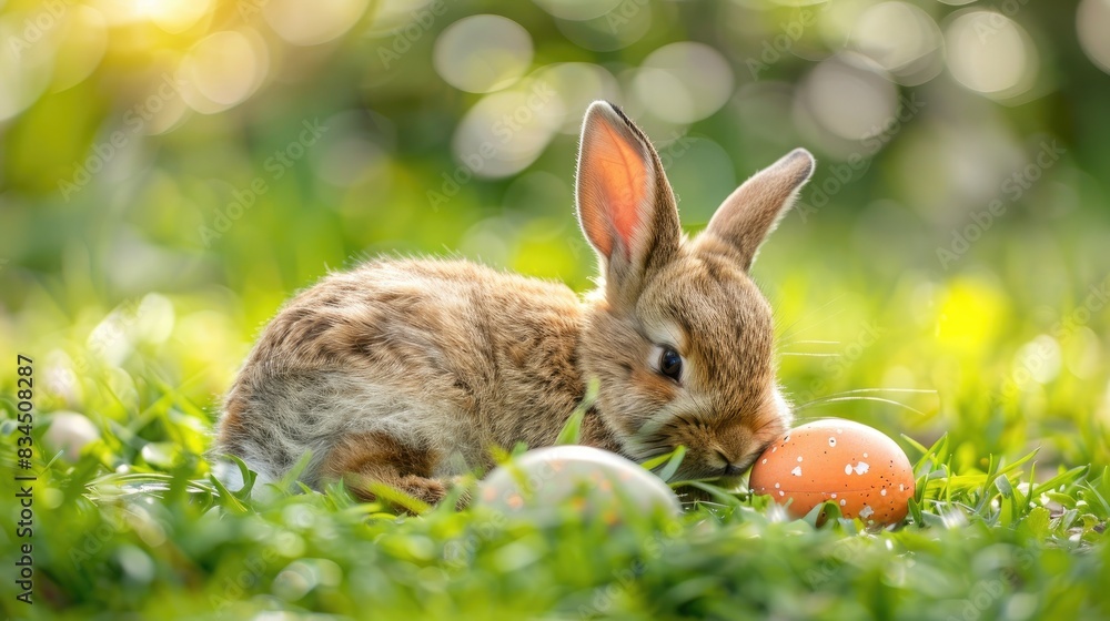 Easter Rabbit Resting on Grass with Arm around Easter Egg Easter Rabbit Resting on Grass with Arm around Easter Egg