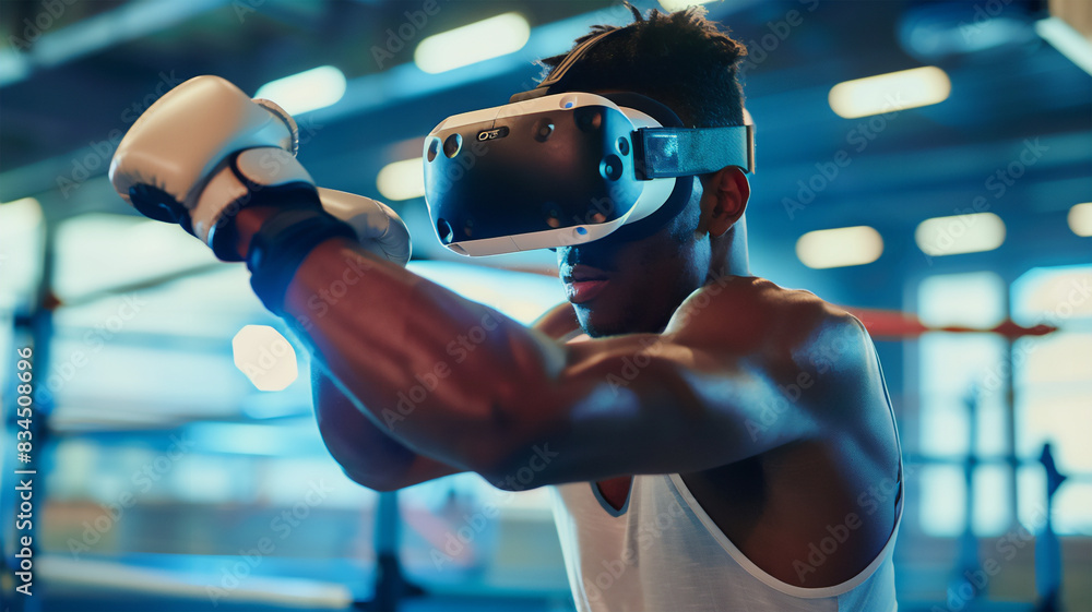 A muscular African-American guy, training in virtual boxing, showing the results of hard work. A muscular African-American guy, training in virtual boxing, showing the results of hard work.