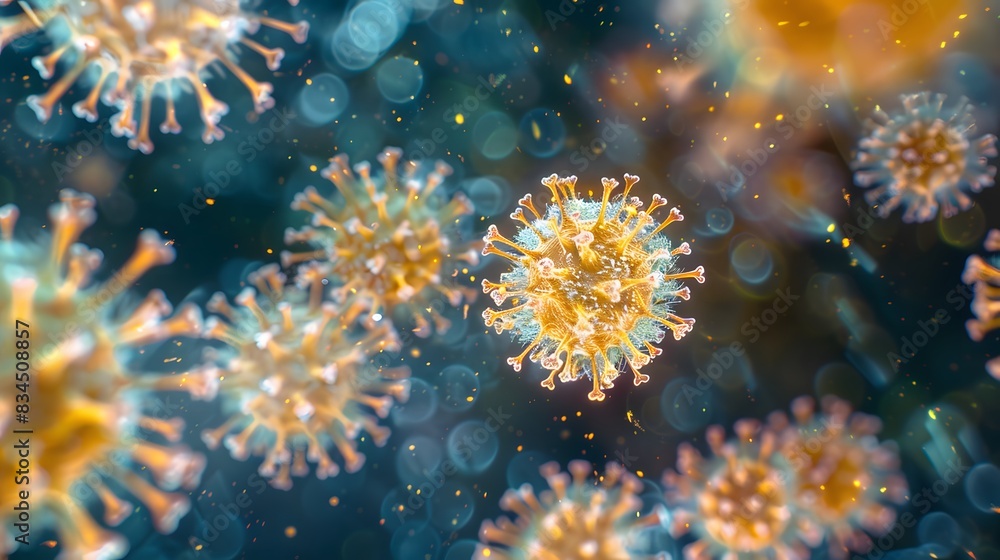 Naklejka premium Virus. Abstract vector 3d viral microbe isolated on blue background. Allergy bacteria, medical healthcare, microbiology concept.