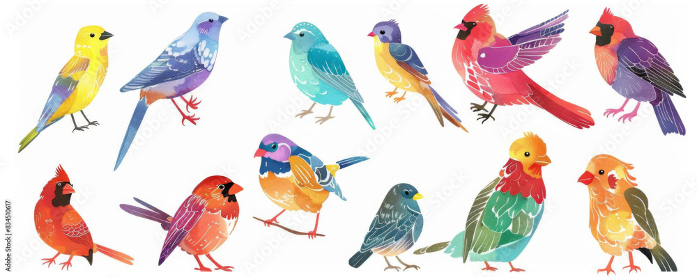 Fototapeta premium A set of watercolor style birds, with bright colors. The birds are in different poses.