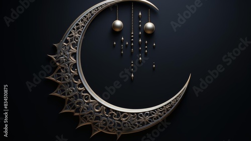 An intricate crescent moon cutout, with a delicate Arabic lattice design, is placed prominently against a dark background The artwork, positioned slightly offcenter to the left, sh photo