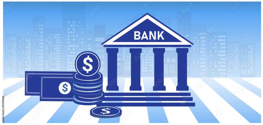 Bank building, bank financing, money exchange, financial services, ATM vector illustration