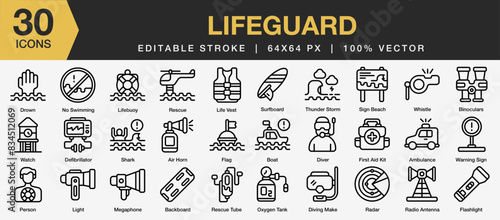 Set of 30 Lifeguard icon set. Editable Stroke Icon Collection. Includes drown, wishtle, boat, lifebuoy, backboard and More. Outline icons vector collection.