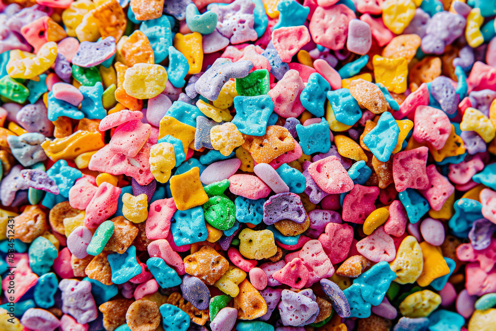 A close-up view of a bowl filled with colorful cereal pieces, densely packed to fill the entire frame. The cereal features a variety of shapes and bright colors, creating a fun and playful background A close-up view of a bowl filled with colorful cereal pieces, densely packed to fill the entire frame. The cereal features a variety of shapes and bright colors, creating a fun and playful background