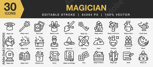 Set of 30 Magician icon set. Editable Stroke Icon Collection. Includes magic hat, spell, magician, tarot card, magic trick and More. Outline icons vector collection.