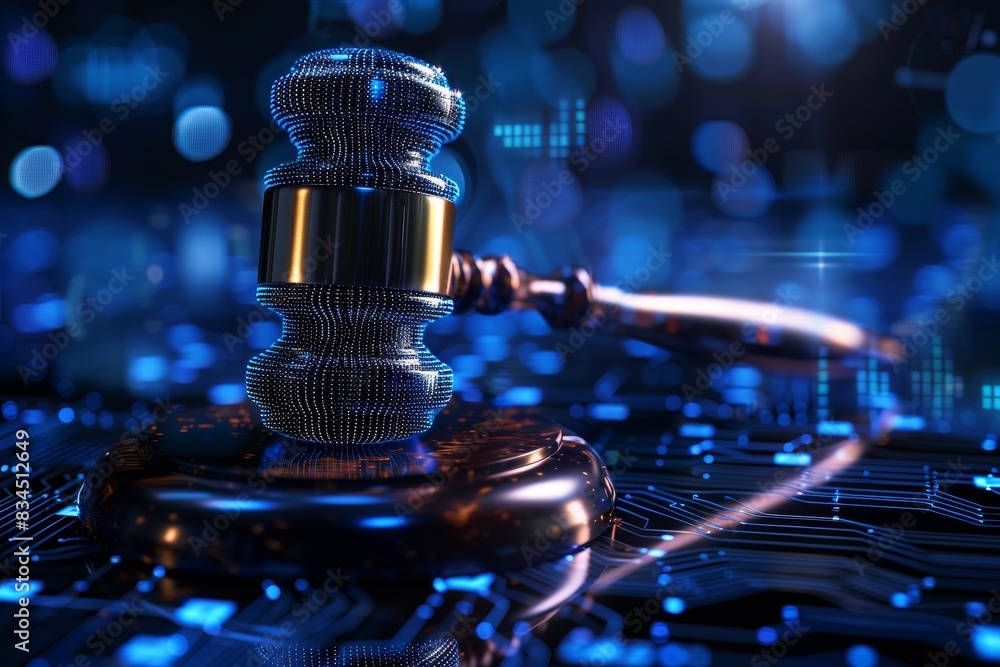 Gavel of justice on a futuristic digital circuit board background, representing the impact of technology on law and legal systems. Gavel of justice on a futuristic digital circuit board background, representing the impact of technology on law and legal systems.