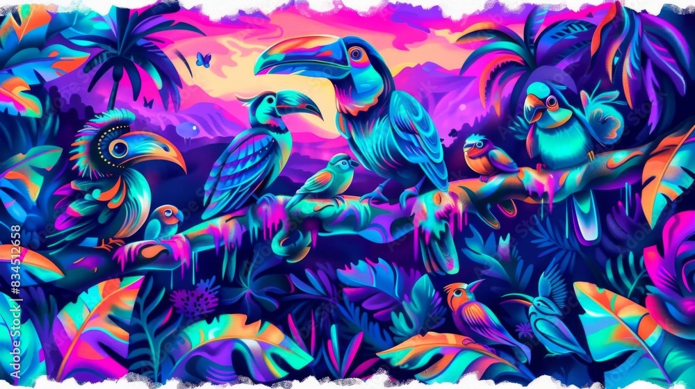 The image is a digital painting of a tropical rainforest The image is a digital painting of a tropical rainforest