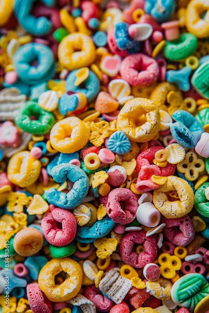 A close-up view of a bowl filled with colorful cereal pieces, densely packed to fill the entire frame. The cereal features a variety of shapes and bright colors, creating a fun and playful background A close-up view of a bowl filled with colorful cereal pieces, densely packed to fill the entire frame. The cereal features a variety of shapes and bright colors, creating a fun and playful background