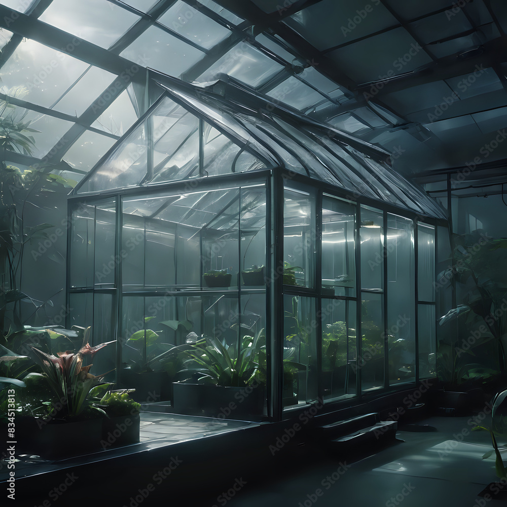 a greenhouse with plants inside of it in the dark a greenhouse with plants inside of it in the dark