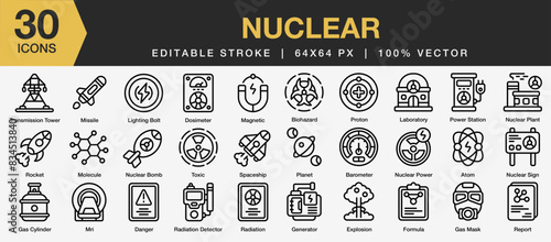 Set of 30 Nuclear icon set. Editable Stroke Icon Collection. Includes mri, generator, formula, proton, magnetic, and More. Outline icons vector collection.