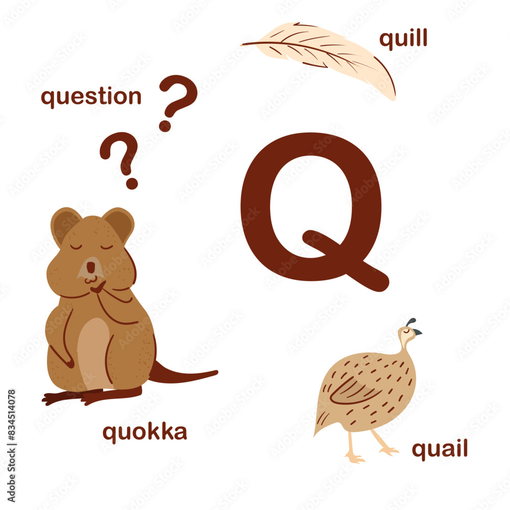 Preschool english alphabet. Q letter. Quokka, quail, quill, question ...