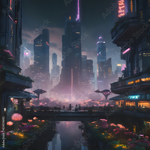 futuristic city with a river and a bridge at night