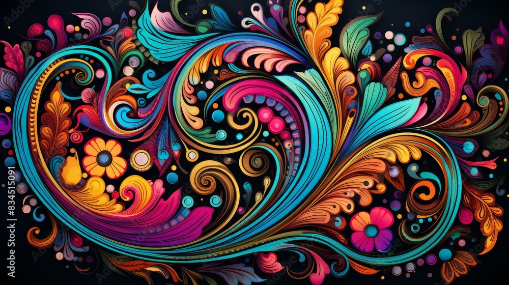 Unique abstract chintz design with vibrant colors, intricate motifs, and a modern twist. Detailed illustration and flat texture. Unique abstract chintz design with vibrant colors, intricate motifs, and a modern twist. Detailed illustration and flat texture.
