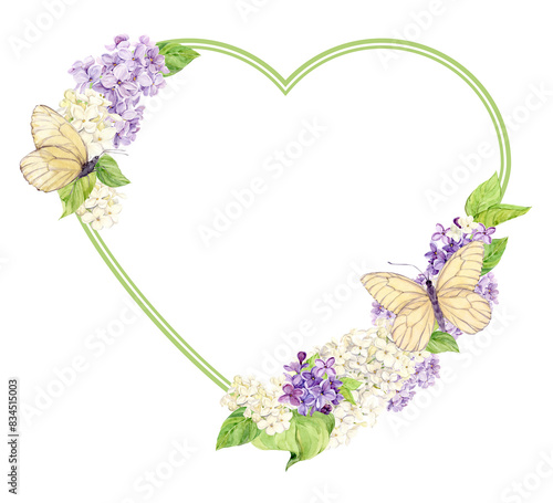 Romantic frame in the shape of a heart made of lilac with white butterflies. Template with place for text from spring flowers. Greeting card for Mother's Day, Valentine's Day, wedding. Save the date. photo