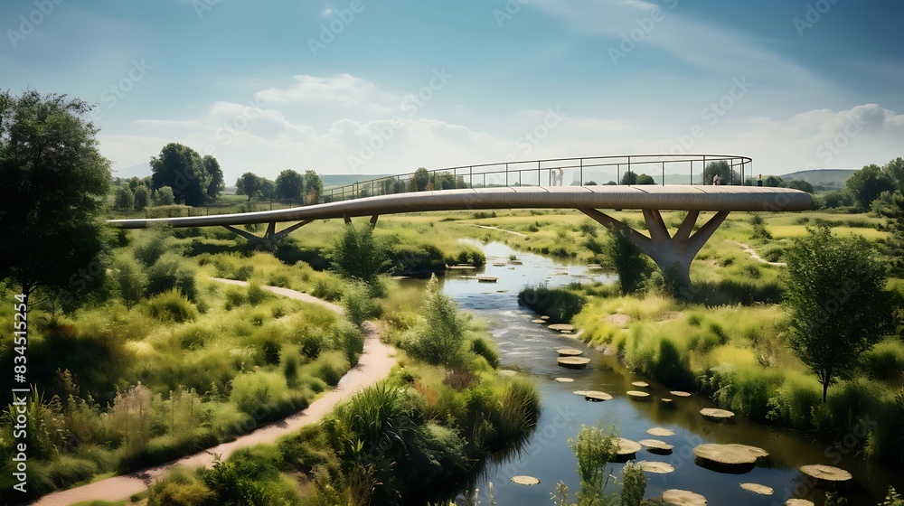 A narrow bridge over water with trees and grass A narrow bridge over water with trees and grass