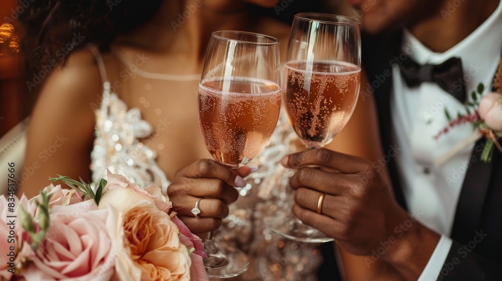 A newlywed couple shares a glass of pink Moscato, their wedding rings visible on their left hands. wedding celebration, filled with love and joy. A newlywed couple shares a glass of pink Moscato, their wedding rings visible on their left hands. wedding celebration, filled with love and joy.