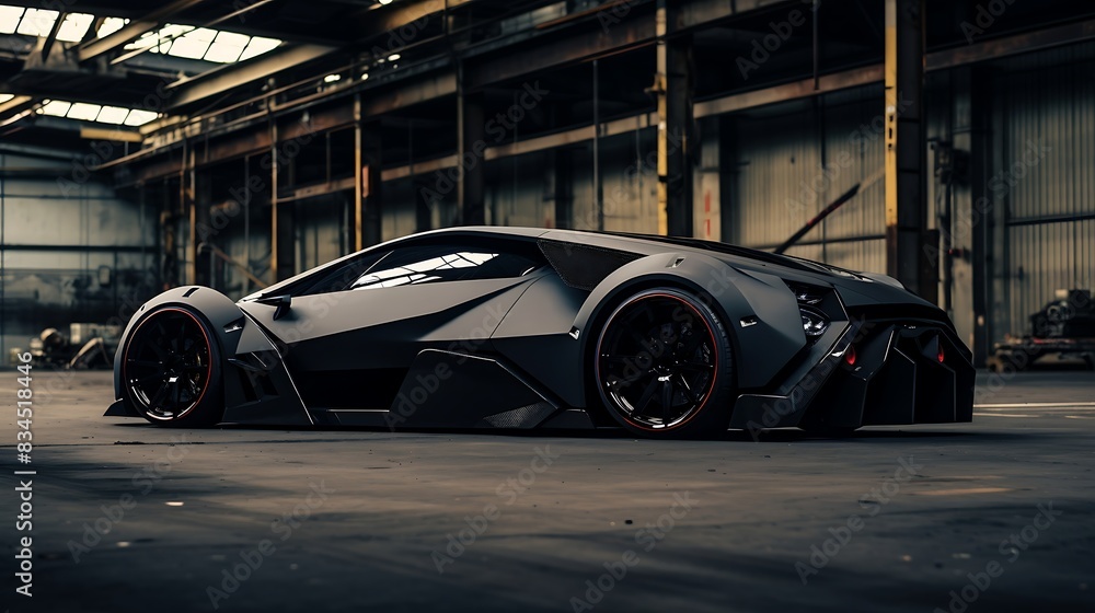 Obraz premium A black sports car in a building, super realistic