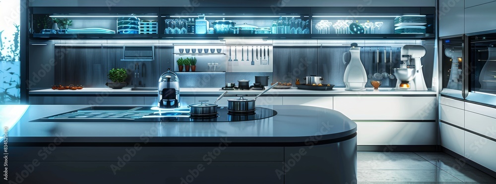 A futuristic kitchen with advanced cooking gadgets and a robot generated by AI A futuristic kitchen with advanced cooking gadgets and a robot generated by AI