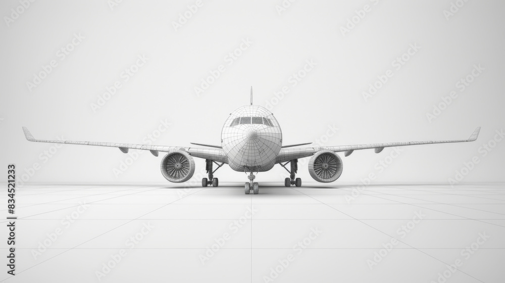Fototapeta premium A detailed wireframe model of an airplane set against a plain white background, emphasizing its structure and design.