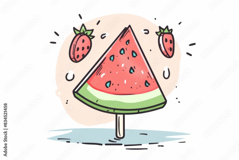 Cartoon cute doodles of a frozen slice of watermelon on a stick, Generative AI Cartoon cute doodles of a frozen slice of watermelon on a stick, Generative AI