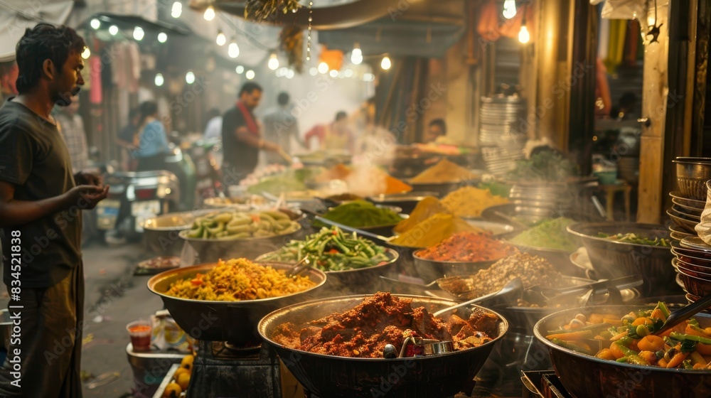 A vibrant Indian market with street food vendors cooking generated by AI A vibrant Indian market with street food vendors cooking generated by AI