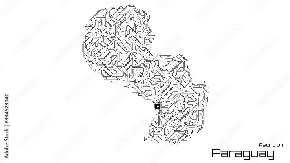 Paraguay, with its capital city of Asuncion, is represented as a microchip with a central processing unit. A technological representation of the country's outline. White background. Paraguay, with its capital city of Asuncion, is represented as a microchip with a central processing unit. A technological representation of the country's outline. White background.