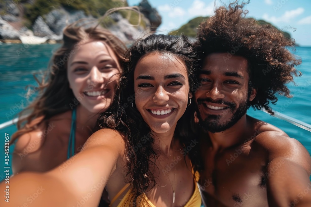 Friends capturing a selfie on a yacht during a summer vacation. The close-up shot emphasizes their joyful expressions and the stunning sea view behind them. The sparkling water and distant island Friends capturing a selfie on a yacht during a summer vacation. The close-up shot emphasizes their joyful expressions and the stunning sea view behind them. The sparkling water and distant island
