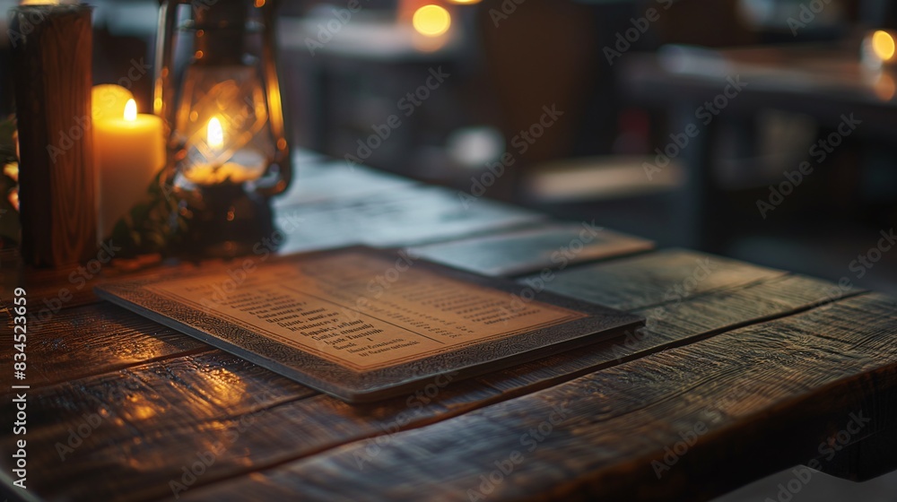 a wooden table with a handcrafted menu and a flickering lantern a wooden table with a handcrafted menu and a flickering lantern