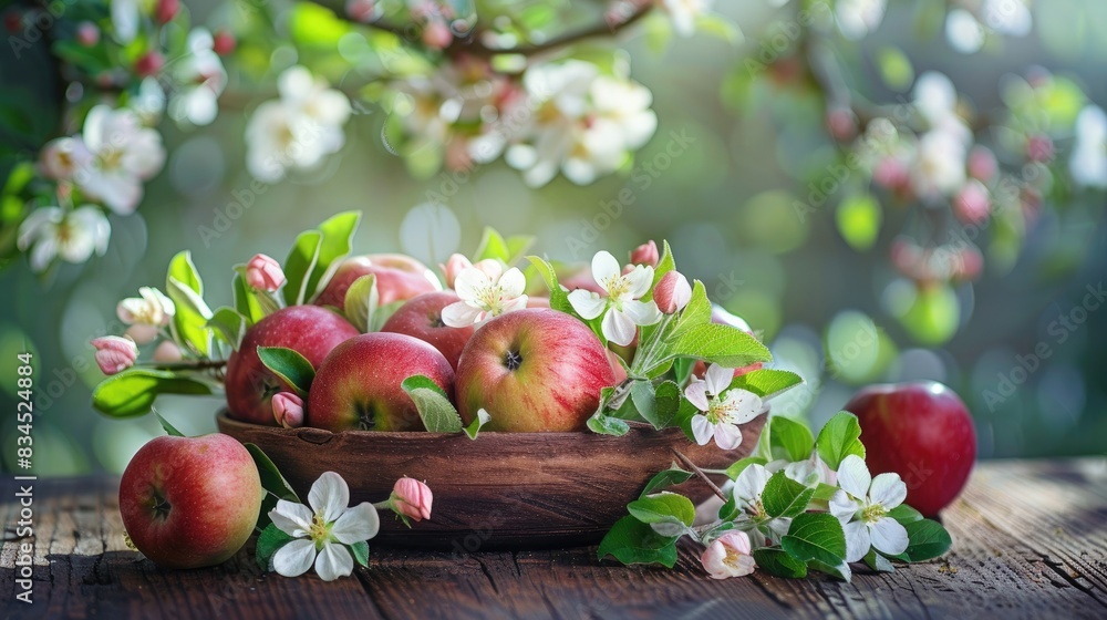Fresh apples with apple blossoms in a bowl on a wooden table against a nature backdrop