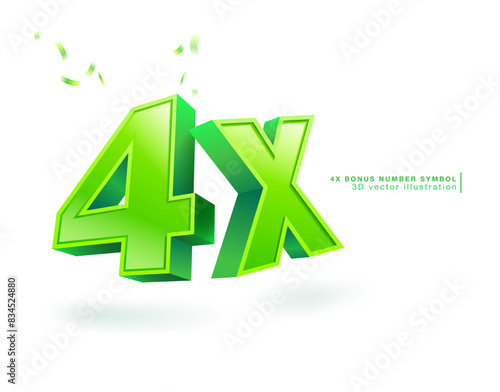 4x bonus number symbol. Green 3D vector illustration template. Isolated on white background with sprinkling ribbons. photo