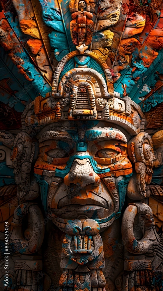 Majestic Mayan Deity Statue with Intricate Carvings and Vibrant Tribal Motifs in Cinematic Digital Artwork Majestic Mayan Deity Statue with Intricate Carvings and Vibrant Tribal Motifs in Cinematic Digital Artwork