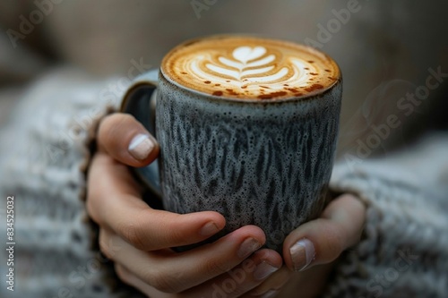 Stunning high resolution photos of a woman's hand holding a mug of hot latte art with a gorgeous design on the coffee foam. Baristo photo