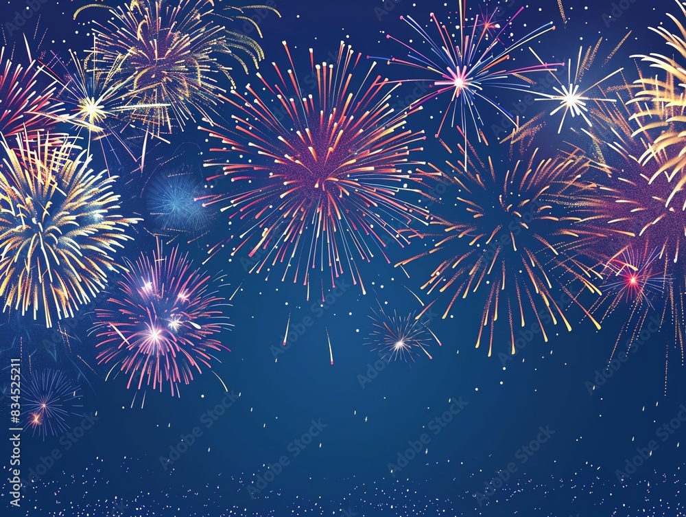 A 3D scene of fireworks bursting in the night sky, with a blank area below for writing a message, A 3D scene of fireworks bursting in the night sky, with a blank area below for writing a message,