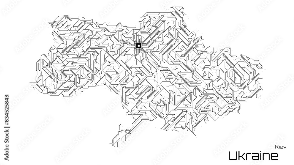 Ukraine, with its capital city of Kiev, is represented as a microchip with a central processing unit. A technological representation of the country's outline. White background. Ukraine, with its capital city of Kiev, is represented as a microchip with a central processing unit. A technological representation of the country's outline. White background.