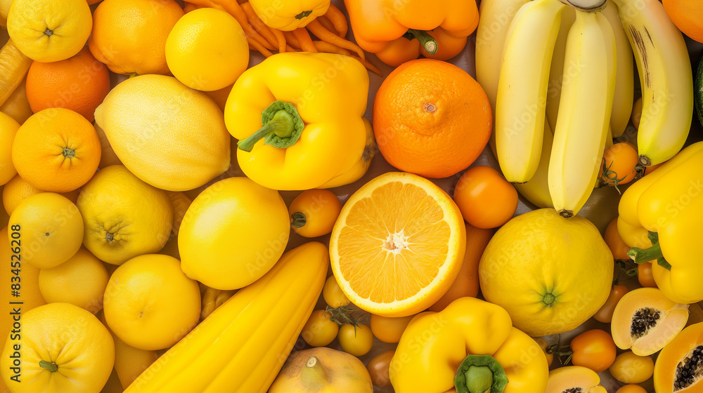 Yellow vegetables and fruits aerial view