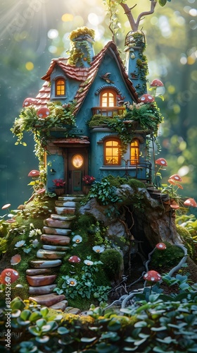 Whimsical Storybook-Inspired Fairy House Nestled in a Lush, Vibrant Natural Setting with Dreamlike Cinematic Flair