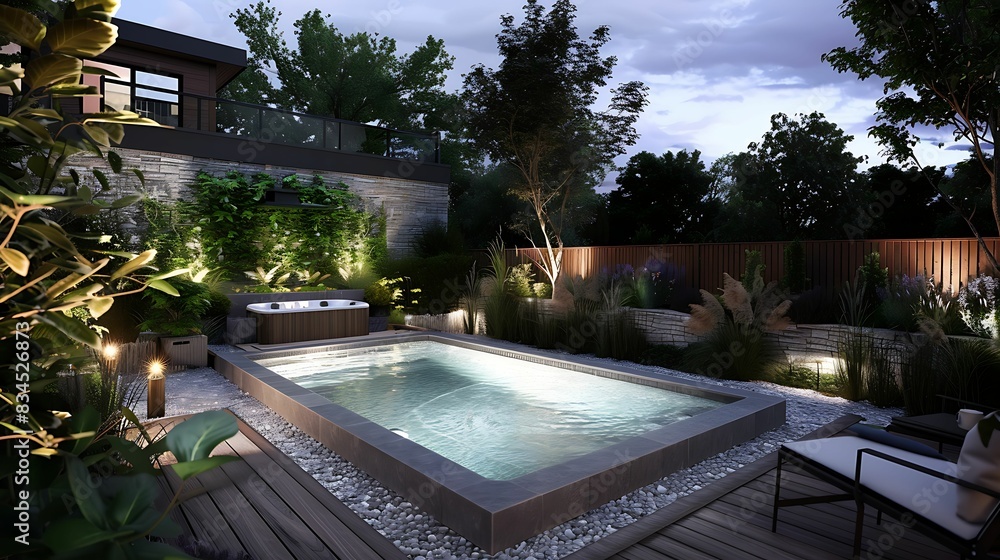 Fototapeta premium A contemporary residential dipping pool surrounded by rich wooden decking is softly lit for.