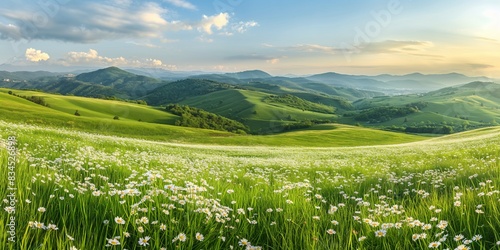 Beautiful spring and summer natural landscape with blooming field of daisies in the grass in the hilly countryside photo