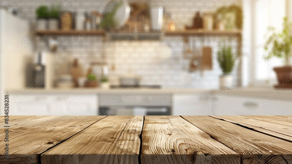 Empty plank wooden table top with blurred home kitchen