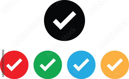 Tick icon set on round color background black, red, green, blue and orange . Ok icon set . Approved icon vector . Check mark icon