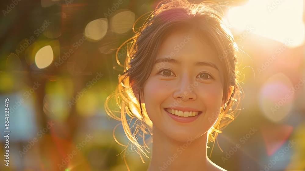 Fototapeta premium Cheerful Asian Woman with Sunlight: Capture a close-up of a cheerful Asian woman with a radiant smile, bathed in soft sunlight. Leave ample empty space to the right for text or advertisements.