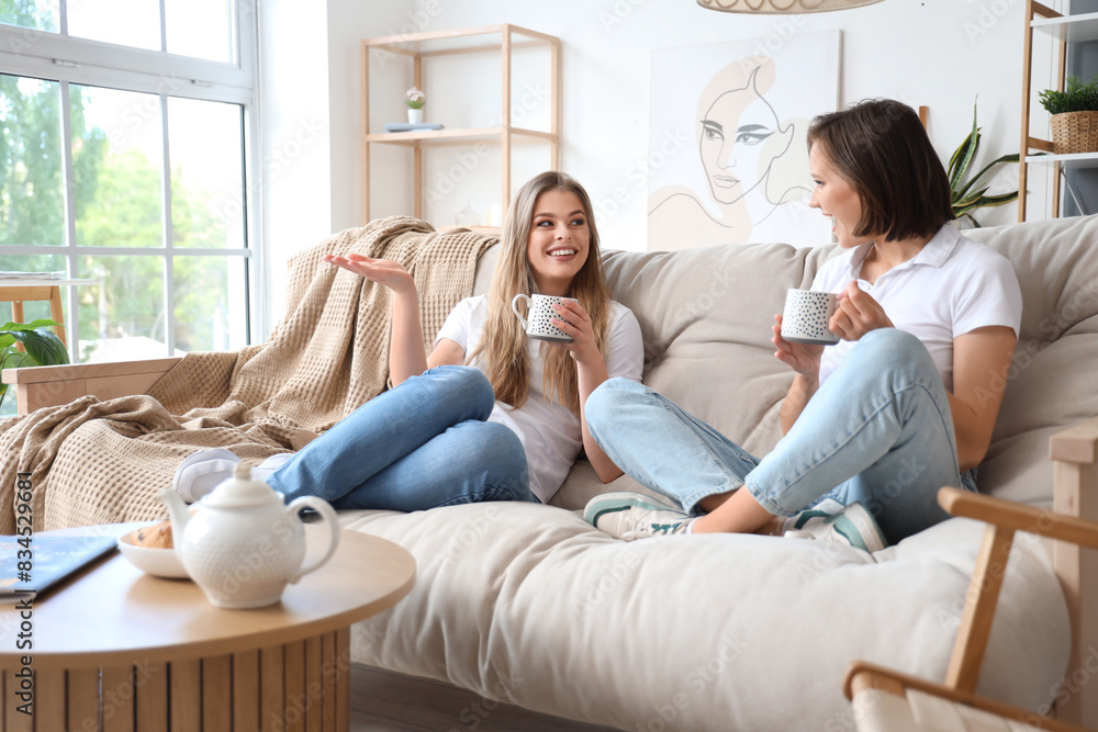 Female friends drinking tea on sofa at home