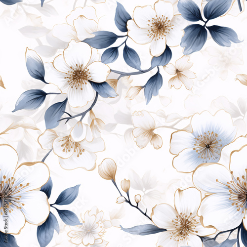 A seamless pattern of charcoal sticks adorned with wildflowers and earth-tone leaves  set against a creamy background