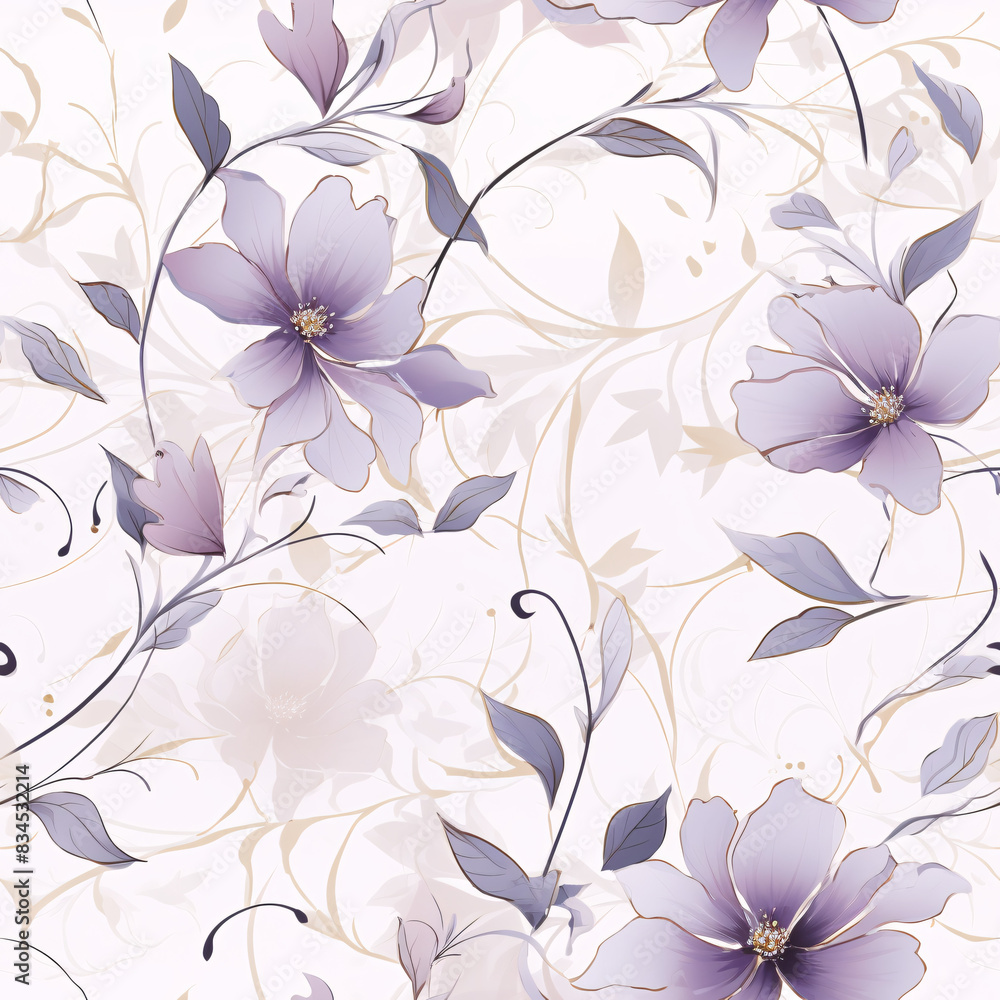 Fototapeta premium Elegant seamless pattern featuring delicate wildflowers and leaves in clean tones, intertwined with water and ink color effects, creating a luxury design